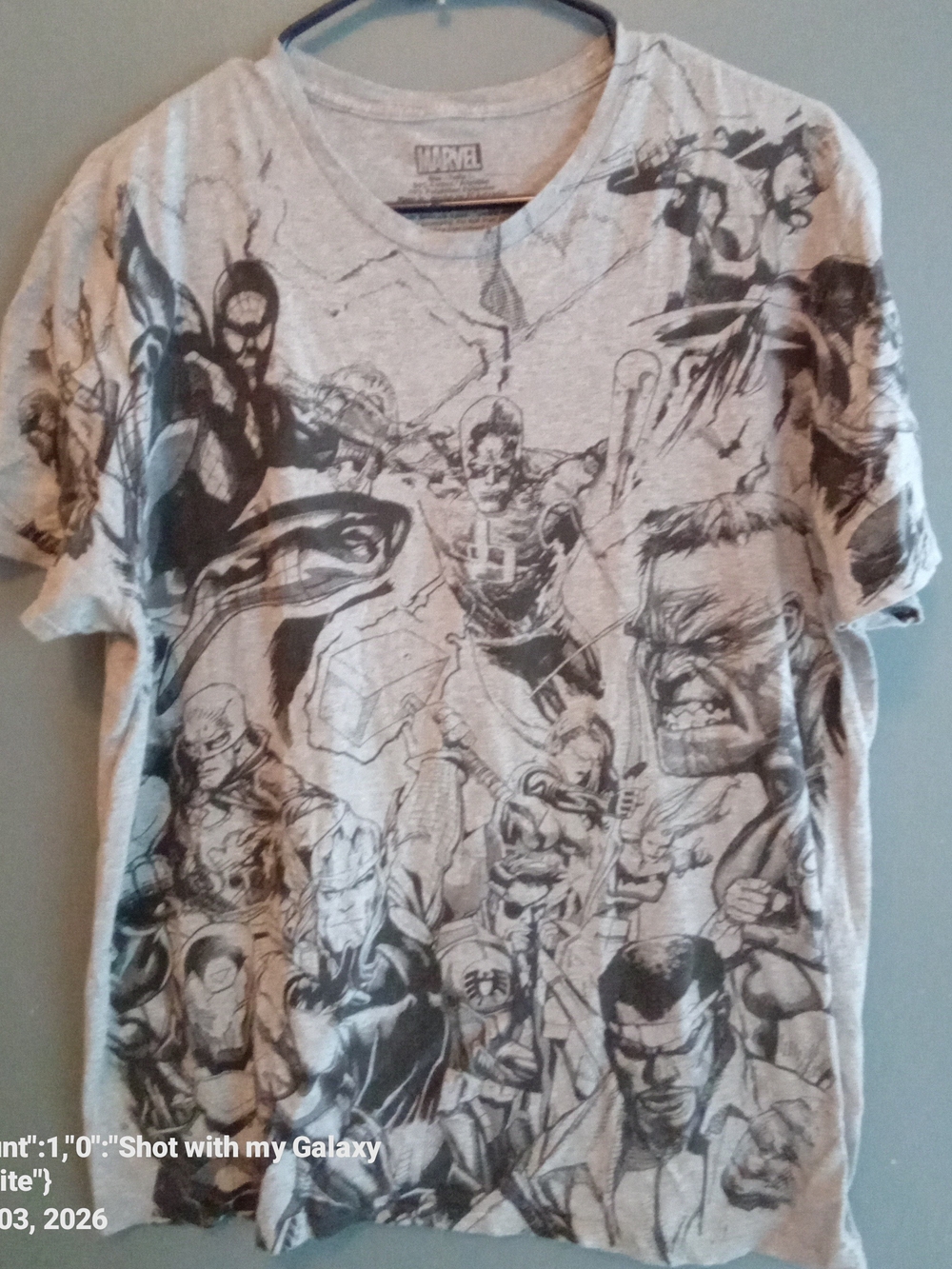 Marvel Comics All Over Print Superhero Sketch Graphic Tee Gray Mens XL